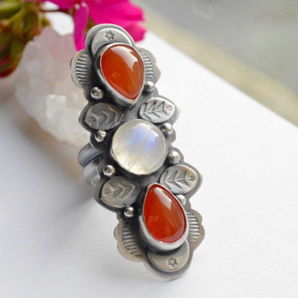 Carnelian/Rainbow Moonstone STERLING SILVER RING